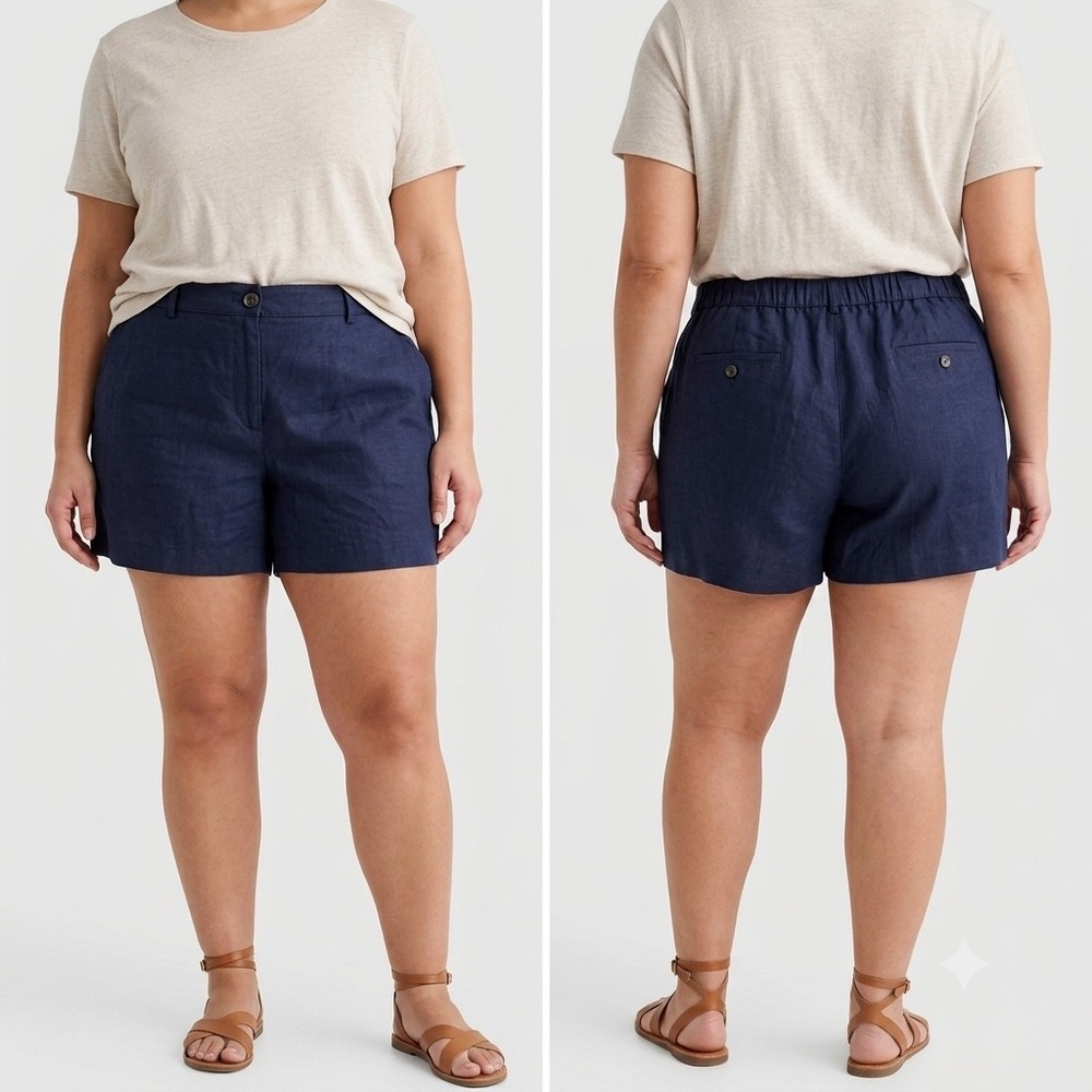 NWT Womens Navy Blue Linen Blend Elastic Back Shorts Relaxed Fit Coastal Summer